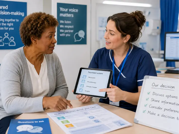 A nurse explains treatment options to a patient during a shared decision-making consultation, promoting patient involvement, informed choices, and person-centred care.
