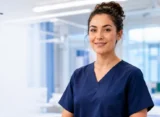A smiling young female nurse wearing dark blue scrubs standing in a bright, modern hospital ward or clinical exam preparation room