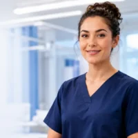 A smiling young female nurse wearing dark blue scrubs standing in a bright, modern hospital ward or clinical exam preparation room