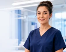 A smiling young female nurse wearing dark blue scrubs standing in a bright, modern hospital ward or clinical exam preparation room