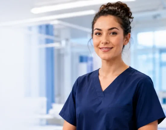 A smiling young female nurse wearing dark blue scrubs standing in a bright, modern hospital ward or clinical exam preparation room