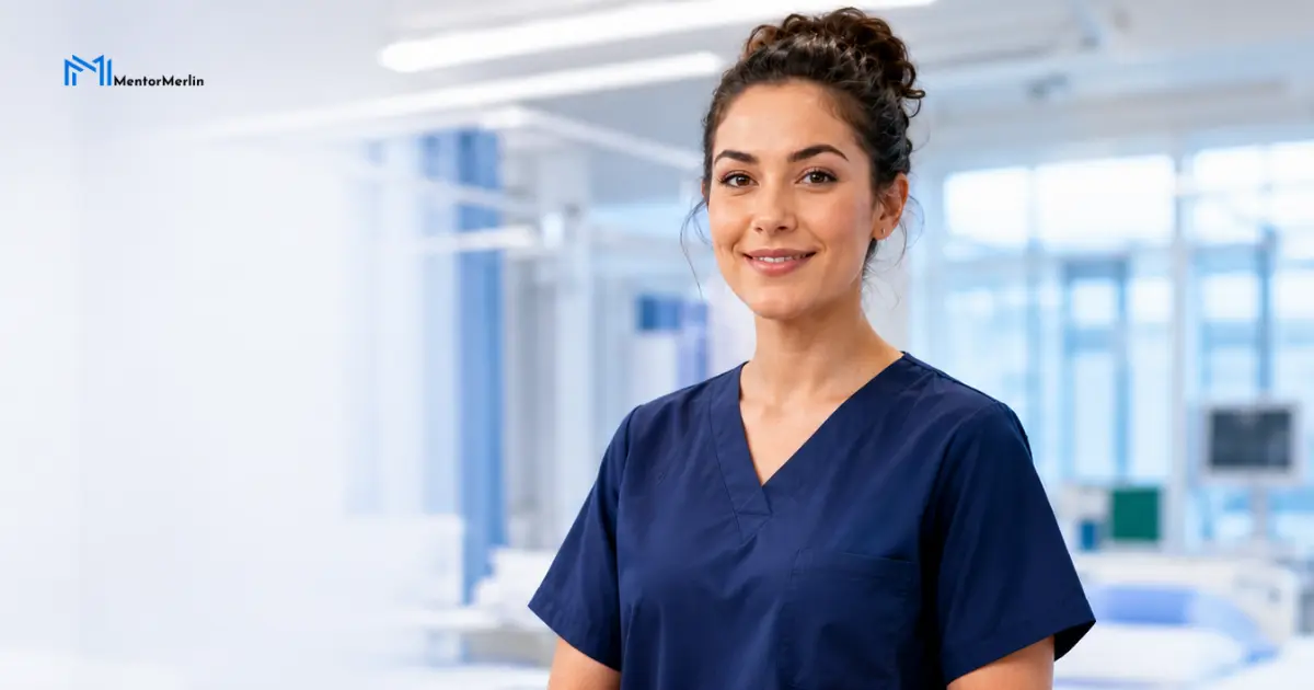 A smiling young female nurse wearing dark blue scrubs standing in a bright, modern hospital ward or clinical exam preparation room
