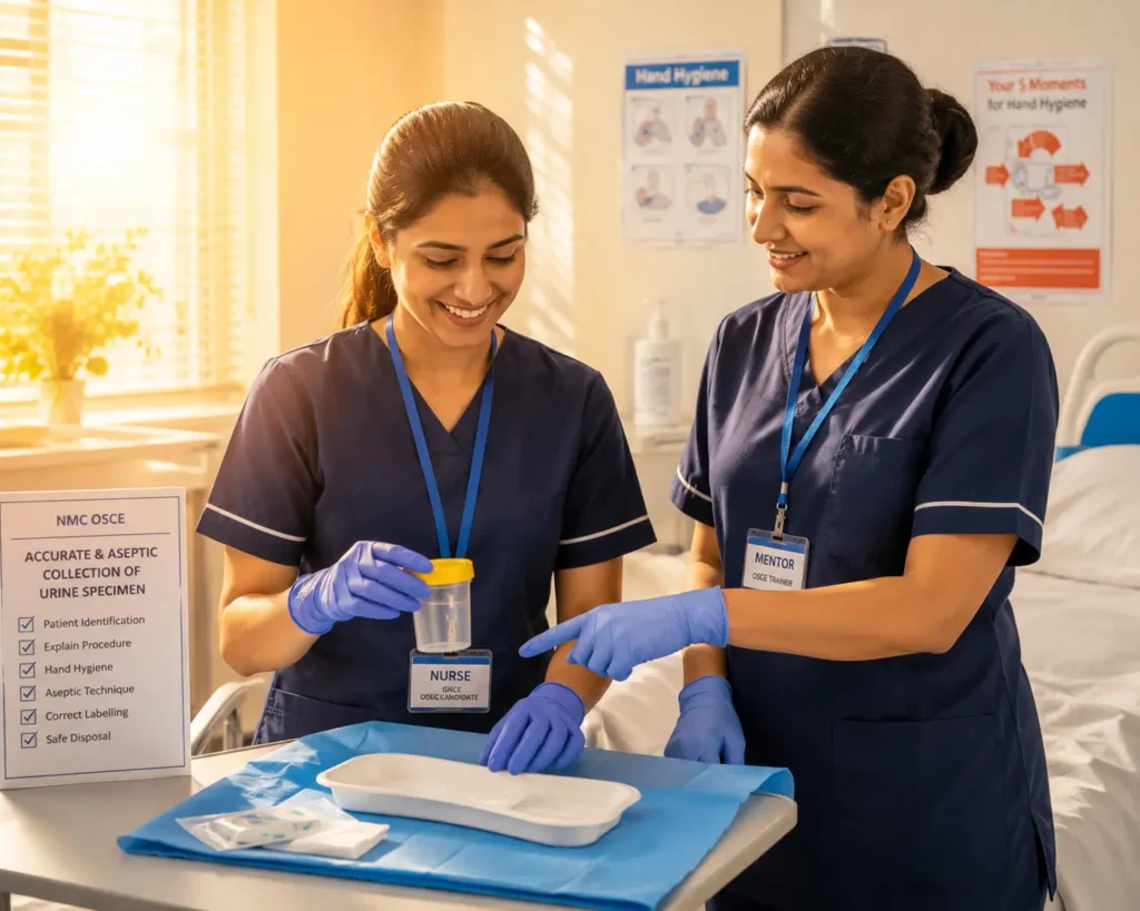 Happy nurse in navy blue scrubs practicing accurate and aseptic urine specimen collection during an NMC OSCE with guidance from a mentor in a bright clinical training room with warm sunlight streaming through the window.