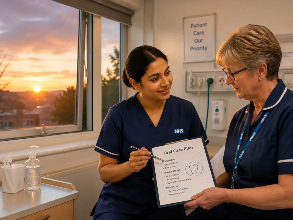Nurse and mentor discussing oral care plan in NMC OSCE