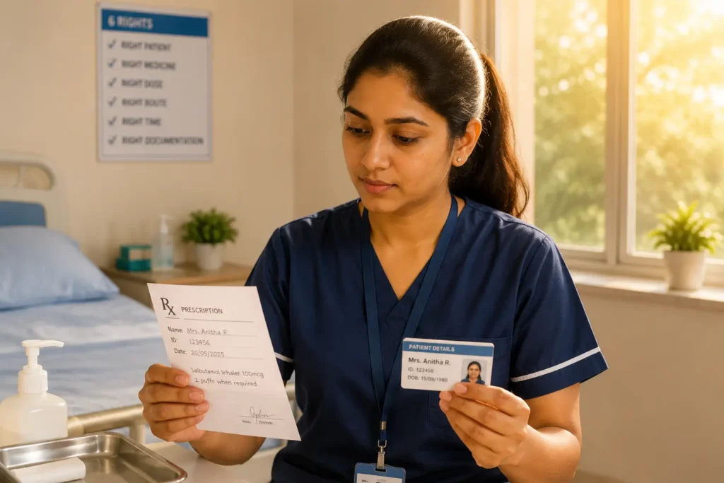 Nurse checkinng patient's prescriptions and details