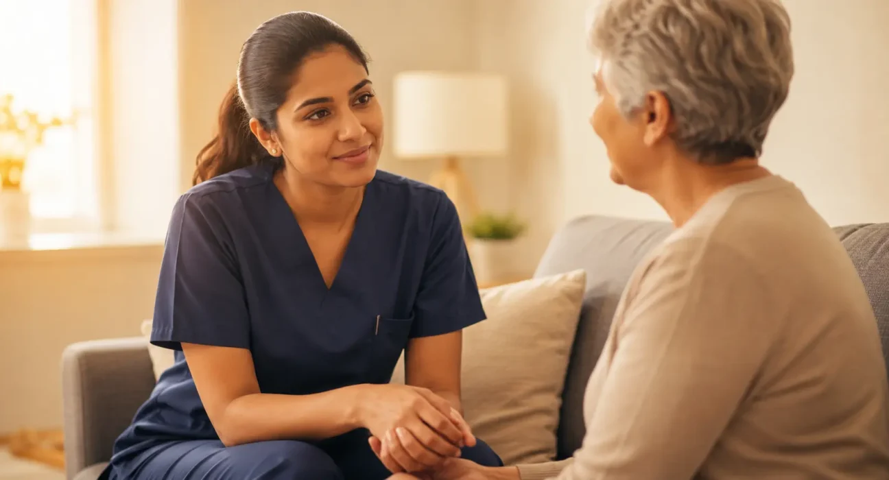 Nurse demonstrating empathy during an OET Speaking role-play while sitting on a sofa in a warm, welcoming environment, wearing fitted navy blue scrubs.
