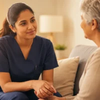 Nurse demonstrating empathy during an OET Speaking role-play while sitting on a sofa in a warm, welcoming environment, wearing fitted navy blue scrubs.