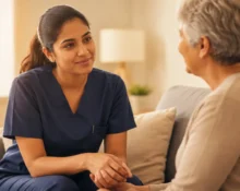 Nurse demonstrating empathy during an OET Speaking role-play while sitting on a sofa in a warm, welcoming environment, wearing fitted navy blue scrubs.
