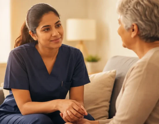 Nurse demonstrating empathy during an OET Speaking role-play while sitting on a sofa in a warm, welcoming environment, wearing fitted navy blue scrubs.