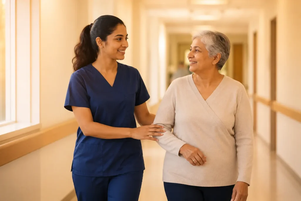 Nurse demonstrating the right degree of empathy while walking with a patient in an NHS hospital corridor for OET Speaking communication training.