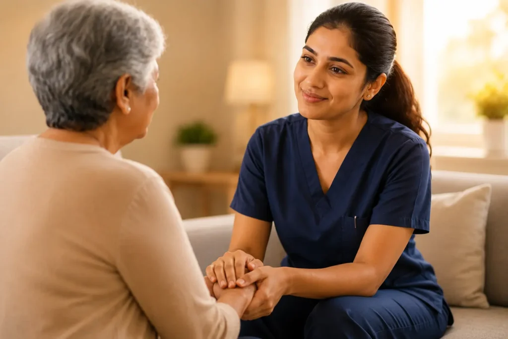 Nurse holding a patient's hands to show empathy during an OET Speaking role-play.