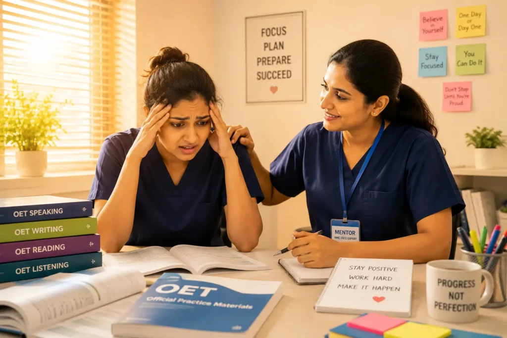 Nurse panicking while reading OET and the mentor helping the nurse
