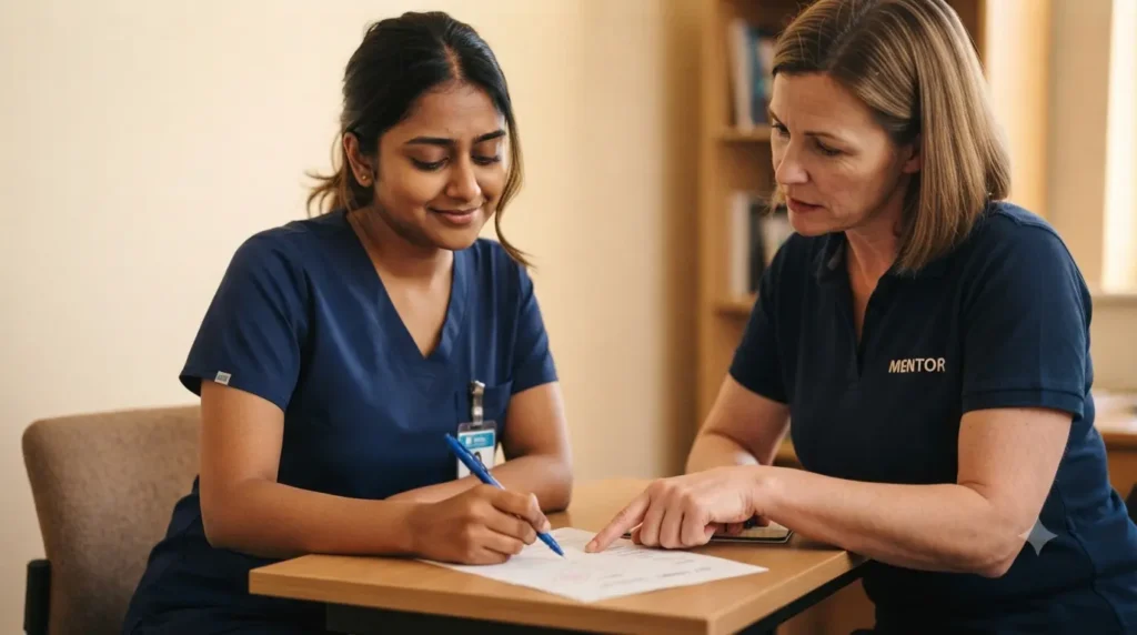 A smiling healthcare student in blue scrubs writes on a document while an instructor, wearing a 'MENTOR' shirt, points and provides guidance.