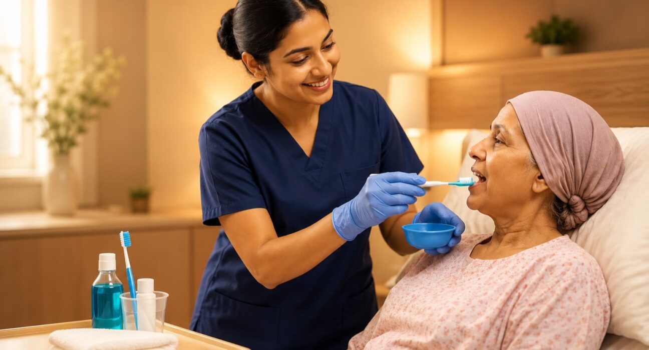 Nurse practicing Oral Care in Cancer Treatment Scenerio