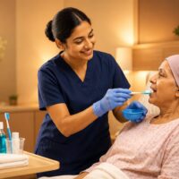 Nurse practicing Oral Care in Cancer Treatment Scenerio