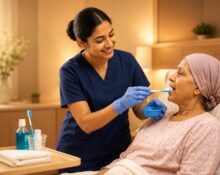 Nurse practicing Oral Care in Cancer Treatment Scenerio
