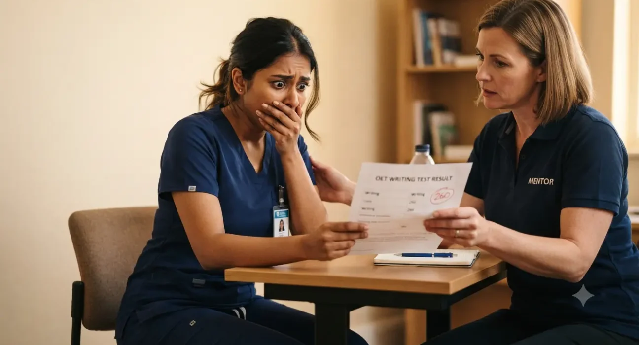 A nurse wearing a navy blue scrub looking shocked and panicked with her hand over her mouth while sitting at a table with her mentor, who is holding her unexpectedly low OET writing test result paper in a warmly lit room.