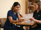 A nurse wearing a navy blue scrub looking shocked and panicked with her hand over her mouth while sitting at a table with her mentor, who is holding her unexpectedly low OET writing test result paper in a warmly lit room.