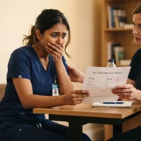 A nurse wearing a navy blue scrub looking shocked and panicked with her hand over her mouth while sitting at a table with her mentor, who is holding her unexpectedly low OET writing test result paper in a warmly lit room.
