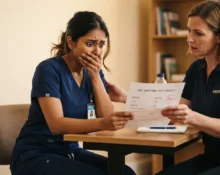 A nurse wearing a navy blue scrub looking shocked and panicked with her hand over her mouth while sitting at a table with her mentor, who is holding her unexpectedly low OET writing test result paper in a warmly lit room.