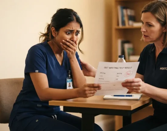 A nurse wearing a navy blue scrub looking shocked and panicked with her hand over her mouth while sitting at a table with her mentor, who is holding her unexpectedly low OET writing test result paper in a warmly lit room.