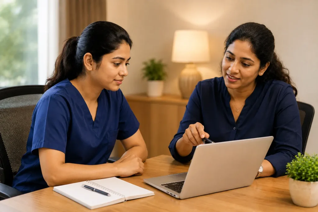 Female nurse in navy blue scrubs and mentor reviewing a laptop together during an OET Speaking class.
