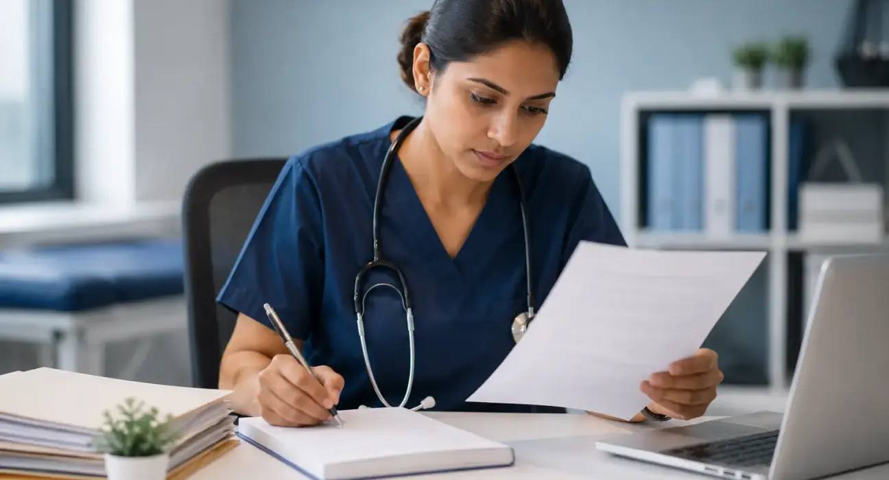 Nurse in navy blue scrubs reviewing patient case notes and writing in a notebook at a clinical office desk.
