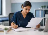 Nurse in navy blue scrubs reviewing patient case notes and writing in a notebook at a clinical office desk.