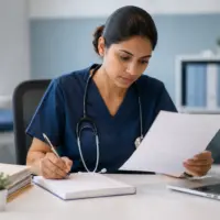 Nurse in navy blue scrubs reviewing patient case notes and writing in a notebook at a clinical office desk.