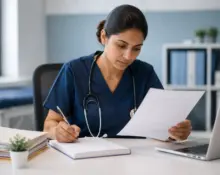 Nurse in navy blue scrubs reviewing patient case notes and writing in a notebook at a clinical office desk.