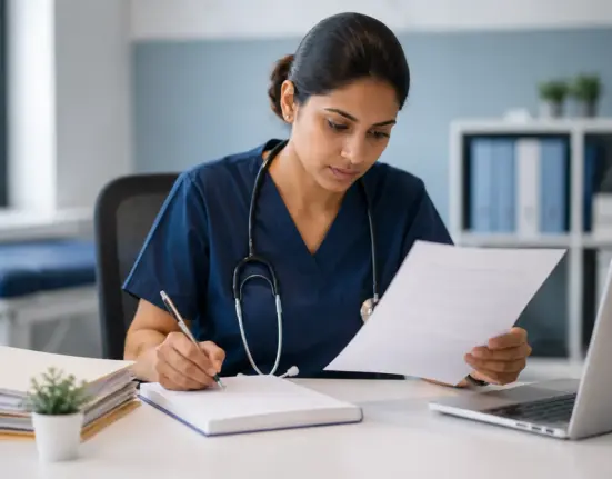 Nurse in navy blue scrubs reviewing patient case notes and writing in a notebook at a clinical office desk.