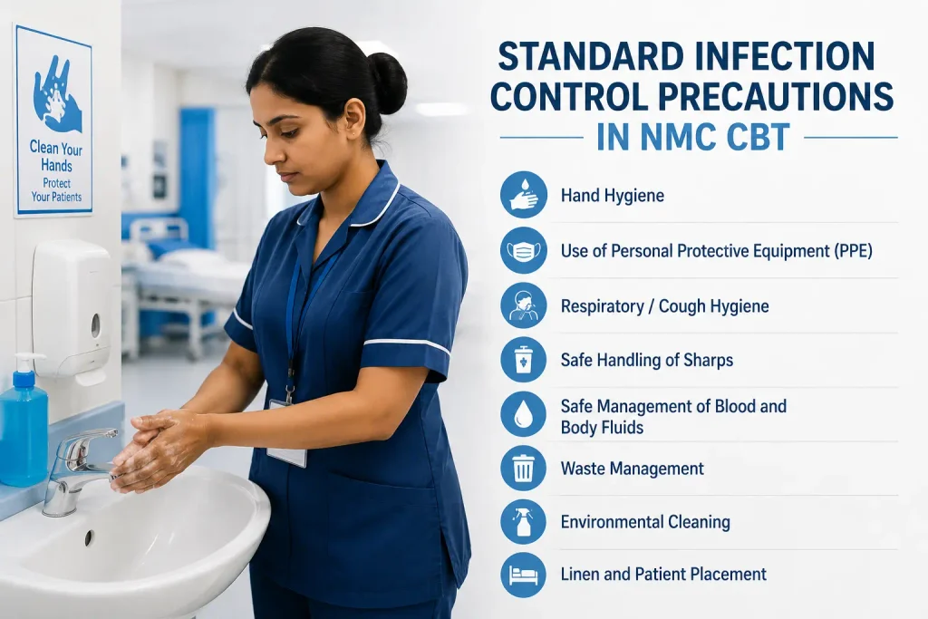 Nurse washing hands with soap and water next to an infographic outlining Standard Infection Control Precautions for the NMC CBT exam, including PPE, sharps, waste management, and hygiene guidelines