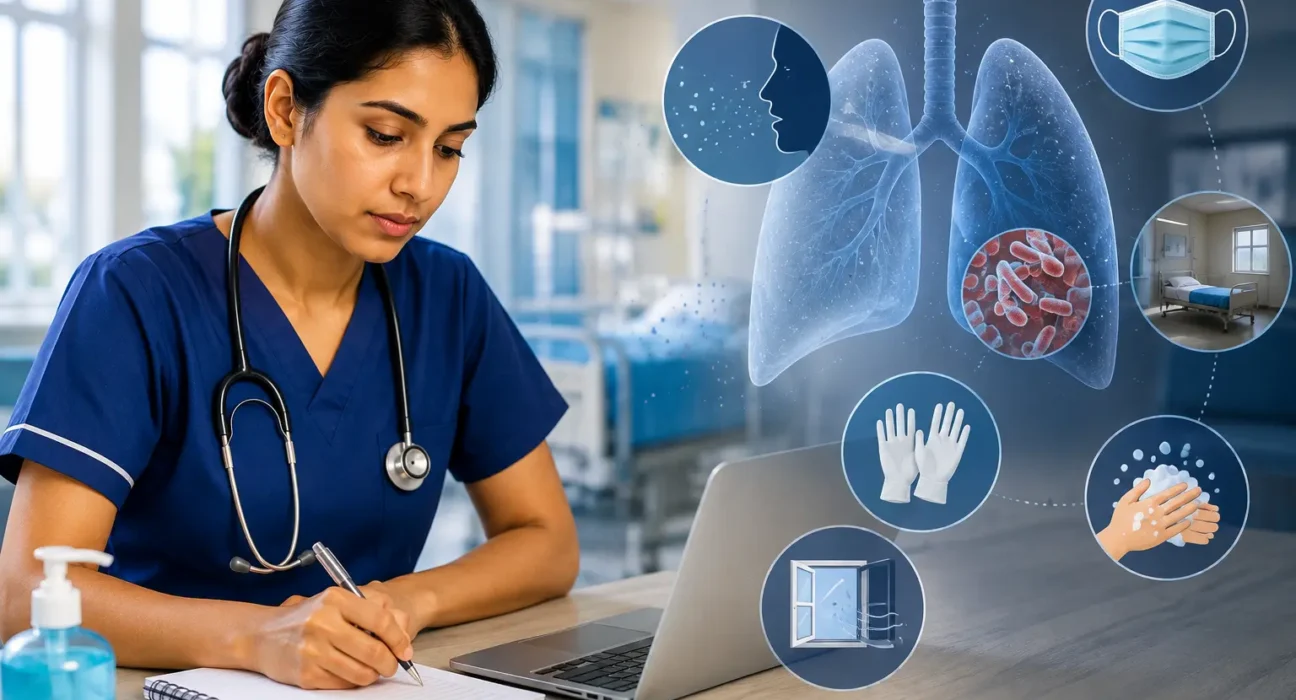 Nurse studying NMC CBT infection control with lung and tuberculosis illustrations