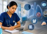 Nurse studying NMC CBT infection control with lung and tuberculosis illustrations