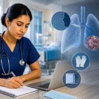 Nurse studying NMC CBT infection control with lung and tuberculosis illustrations