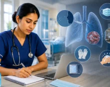 Nurse studying NMC CBT infection control with lung and tuberculosis illustrations