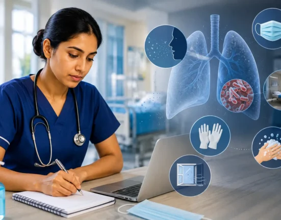 Nurse studying NMC CBT infection control with lung and tuberculosis illustrations