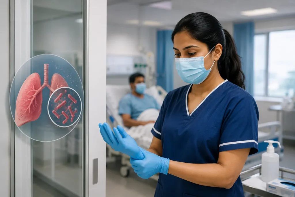 A professional nurse in navy-blue scrubs and PPE prepares for patient care in a hospital isolation setting, with a masked patient in the background and a visual representation of lungs and tuberculosis bacteria on the glass partition. The clean clinical environment highlights infection control, airborne precautions, PPE, and safe nursing practice.