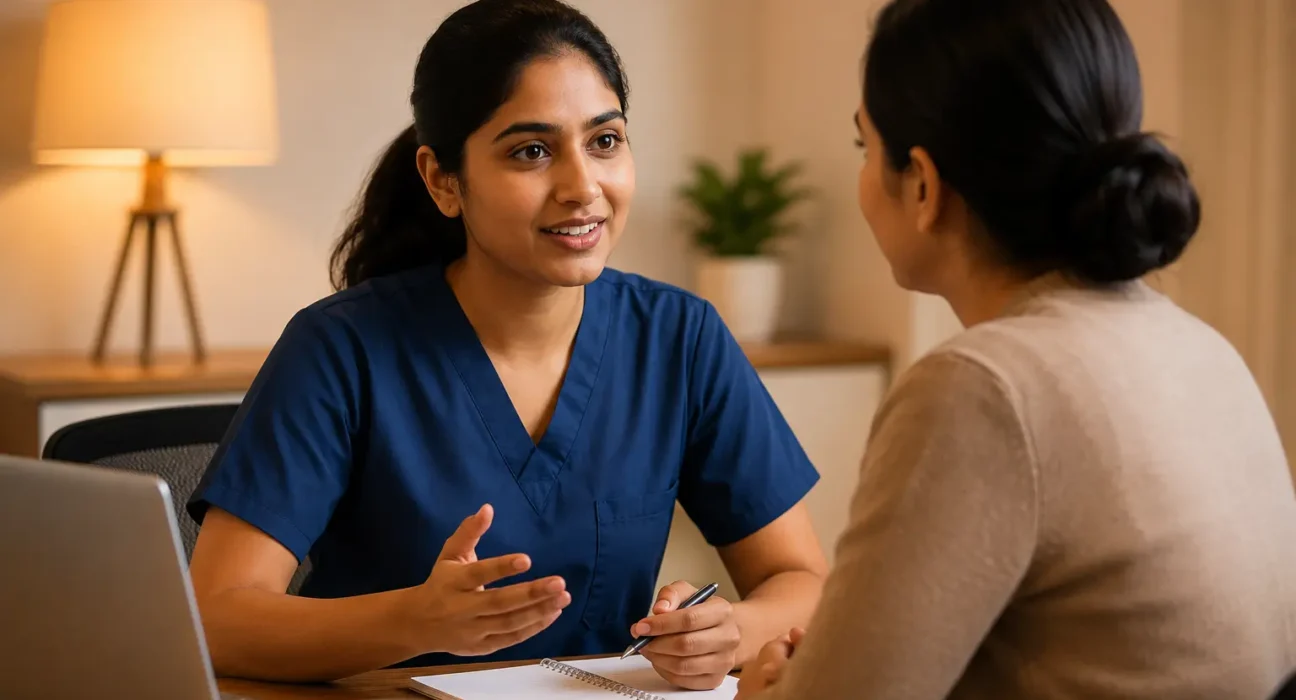 Nurse in navy blue scrubs discussing OET Speaking role-play and empathetic communication with a mentor.