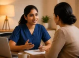 Nurse in navy blue scrubs discussing OET Speaking role-play and empathetic communication with a mentor.