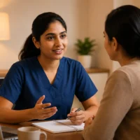 Nurse in navy blue scrubs discussing OET Speaking role-play and empathetic communication with a mentor.