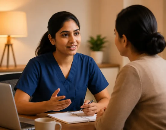 Nurse in navy blue scrubs discussing OET Speaking role-play and empathetic communication with a mentor.