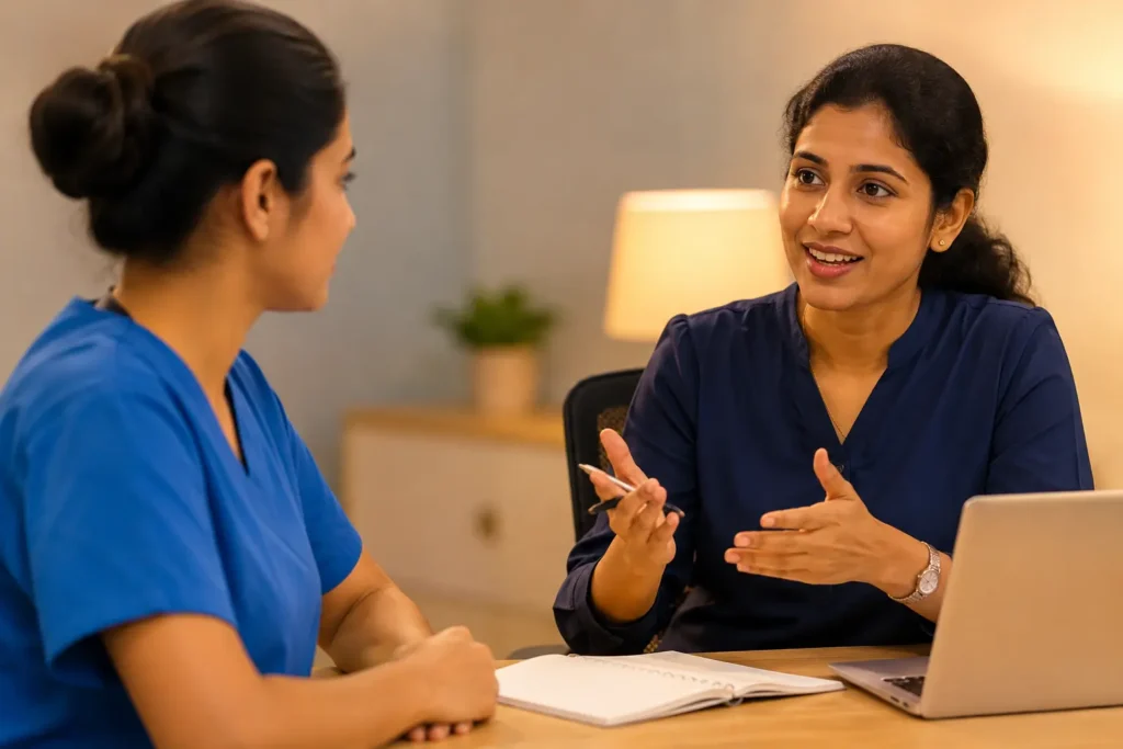 Nurse in navy blue scrubs learning OET Speaking skills from a mentor in a warm classroom setting