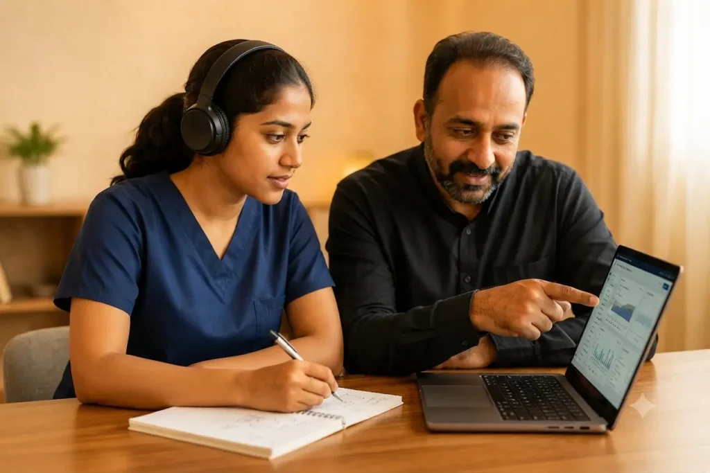 A male mentor pointing at a laptop screen while explaining training material to a female nurse wearing headphones, who is actively taking notes in a notebook at a wooden desk.