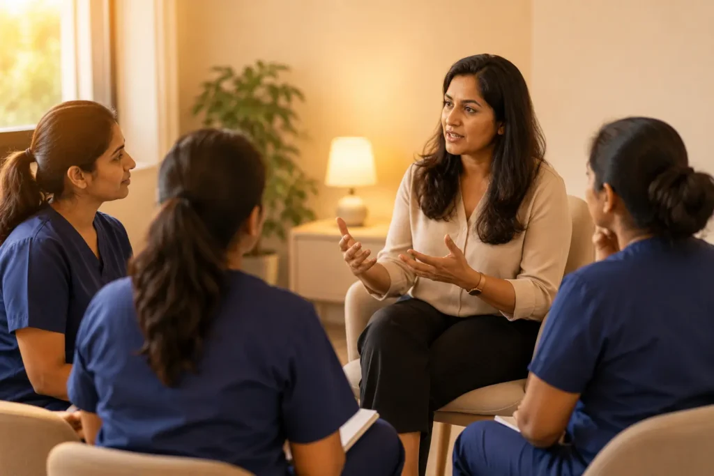 Mentor leading a classroom session on postpartum depression for nurses in navy blue scrubs in a warm, professional training environment.