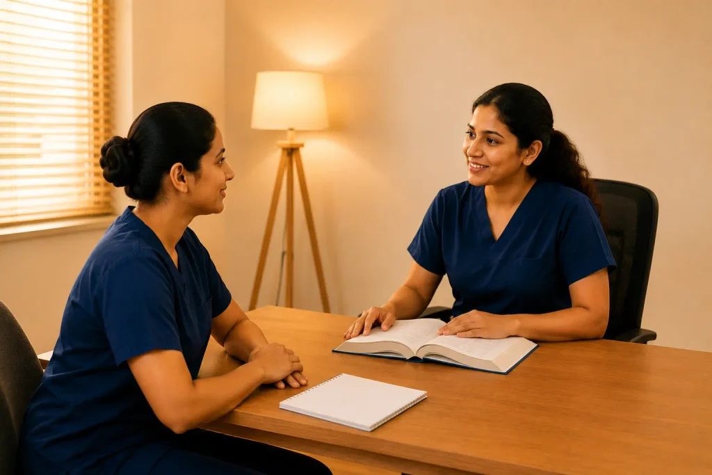 Female NMC OSCE mentor teaching PQRST pain assessment to a nurse in navy blue scrubs during a one-to-one training session.