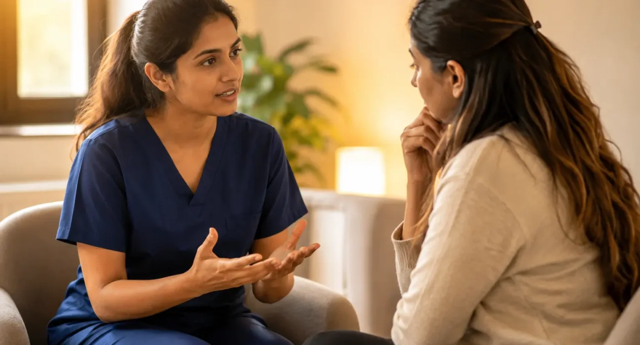 Nurse in navy blue scrubs having a supportive discussion with a mentor about postpartum depression in a warm, private consultation setting.