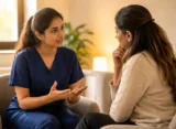 Nurse in navy blue scrubs having a supportive discussion with a mentor about postpartum depression in a warm, private consultation setting.