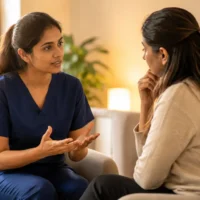 Nurse in navy blue scrubs having a supportive discussion with a mentor about postpartum depression in a warm, private consultation setting.