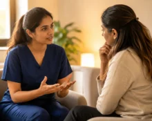 Nurse in navy blue scrubs having a supportive discussion with a mentor about postpartum depression in a warm, private consultation setting.